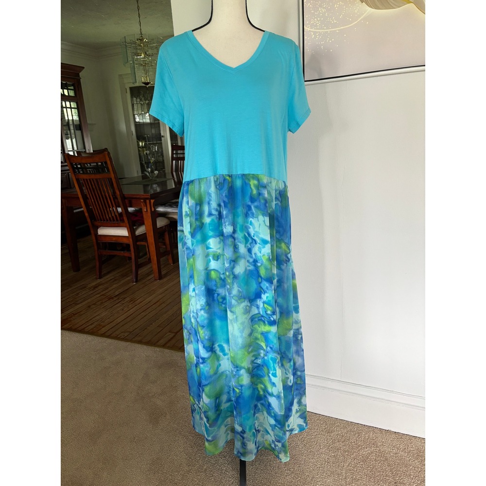 LOGO by Lori Goldstein Turquoise Watercolor Mixed Media Maxi Dress Sz M - Picture 2 of 9